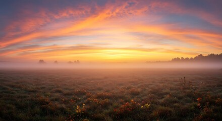 Obraz premium Sunrise Over Foggy Field with Colorful Sky and Wildflowers Landscape