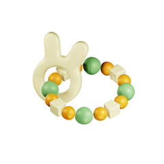 Baby teething ring with 3d beads. A toy in the form of a ring with beads and a teething ring in the form of a bunny. 3d illustration