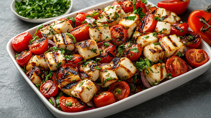 Grilled vegetables and cheese salad in a serving dish