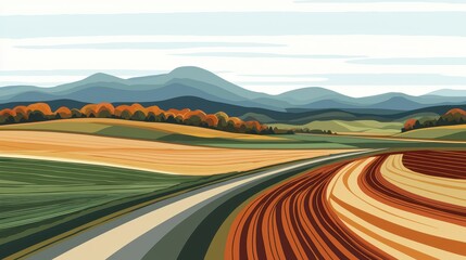 Fototapeta premium A picturesque autumnal landscape of rolling hills and cultivated fields, winding road and distant mountains.