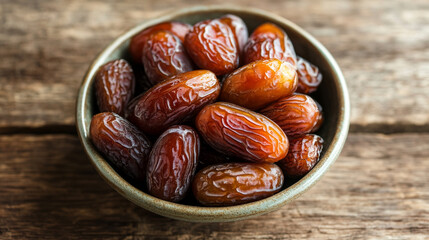 Fresh dates in a rustic bowl on wooden table