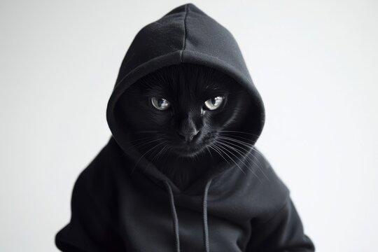 Black cat in minimalist black hoodie sitting against clean white background with intense gaze