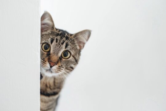 Surprised cat peeking out from around the corner on white background