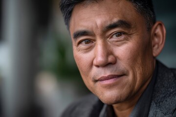 Obraz premium A close-up portrait captures a middle-aged Asian man with a confident expression. The background is softly blurred, focusing attention on his facial features and conveying a sense of professionalism