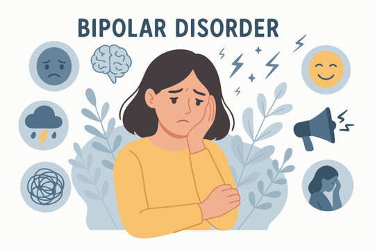 Bipolar Disorder Mental Health Concept Vector Illustration with Woman Experiencing Mood Swings, Emotional Symptoms, Brain Chemistry, and Psychological States in Modern Flat Design Style