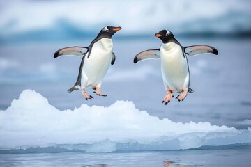 Fototapeta premium Two penguins jumping on an ice floe in the Southern Ocean