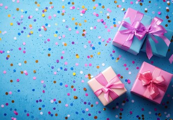 Obraz premium Colorful Gift Boxes with Ribbons on a Bright Blue Background Surrounded by Confetti for Festive Celebrations or Parties