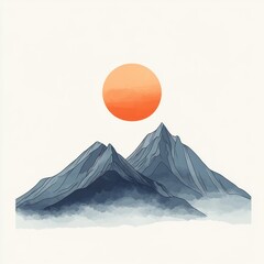 Minimalist Mountain Landscape with Sun in Soft Pastel Colors