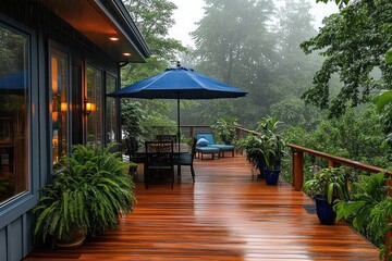 Rainy Weather Cancels Home Outdoor Deck Party with Blue Umbrella and Wooden Furniture