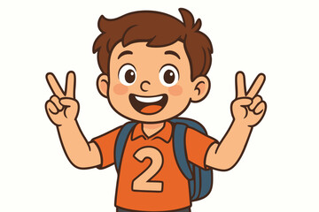 Obraz premium Cheerful Cartoon Boy with Brown Hair Making Victory Peace Signs Wearing Orange T-Shirt with Number 2 and Blue Backpack, Happy Smiling Child Character for Educational Materials and Children's Books