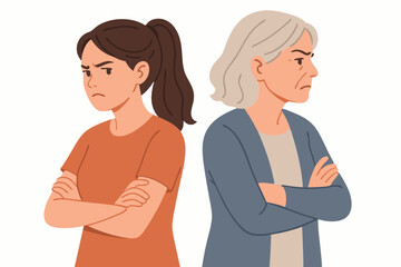 Generational Conflict Vector Illustration with Young Woman and Senior Lady Standing Back to Back with Arms Crossed and Angry Expressions Depicting Family Disagreement and Communication Gap