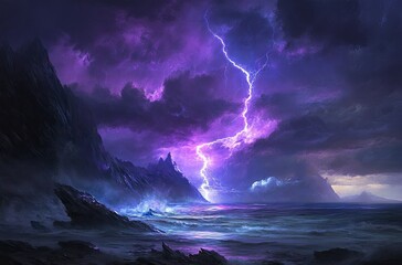 Fototapeta premium A breathtaking coastal landscape illuminated by a vibrant purple lightning storm.
