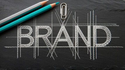 Chalk drawing of word BRAND on dark slate background, overlaid with grid lines, accompanied by pencils and paperclip, showcasing branding concept design