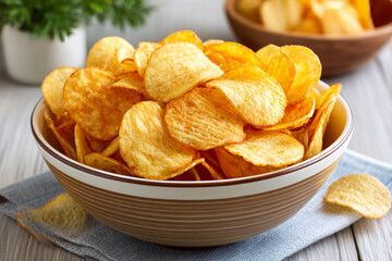 A bowl filled with golden brown potato chips sits on a light wooden table next to a gray napkin and a small plant
