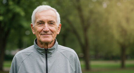 Senior man in gray athletic jacket outdoors in park. Active lifestyle and fitness concept for elderly health and retirement programs