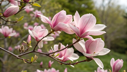 Obraz premium twig with blooming pink magnolia flowers close up over blue background, beautiful pink magnolia flowers blooming in the garden 