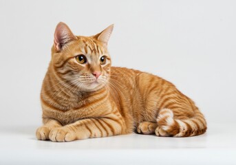Fototapeta premium Ginger tabby cat lying down on a plain white background looking alert with expressive green eyes