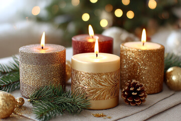 Four beautifully designed candles burn softly on a table, creating a warm and inviting atmosphere amid holiday decorations