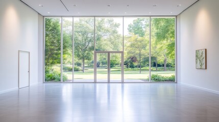 Modern gallery space with expansive windows showcasing a lush garden