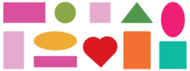 Set of coloring postage stamp Edge Rectangle, Vector Jagged Geometric Shapes. Isolated set of colorful stickers, labels and badges elements of different shapes and forms.