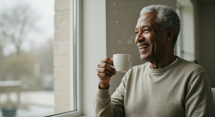 Smiling African American senior man enjoying coffee by window. Peaceful retirement lifestyle and morning routine concept for elderly wellbeing campaigns
