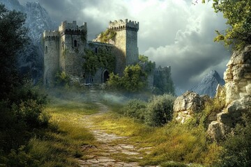 Castle ruins stand amidst lush greenery under a dramatic sky