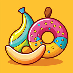 Hand-Drawn Banana with Donut Dessert Funny Artwork