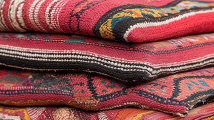 Stack of Woven Textiles with Traditional Patterns in Red Black and White A Visually Rich Close Up
