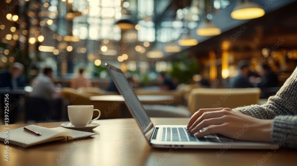Poster a person types on a laptop at a wooden table in a cozy cafe filled with soft lighting. a coffee cup 
