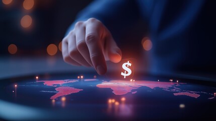 Hand pointing at glowing dollar symbol on illuminated digital world map with city light markers in dark environment. Concept of global finance, investment and economic connectivity