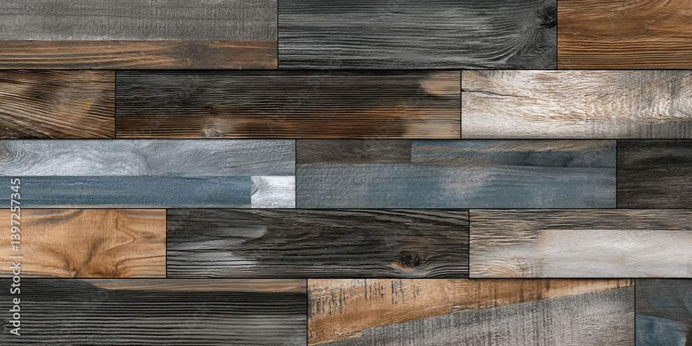 Poster close-up of varied wood plank texture in gray, brown, and blue hues, creating a rustic and textured 
