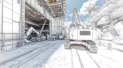 Obraz premium Detailed Black and White Drawing of Crane in Construction Site