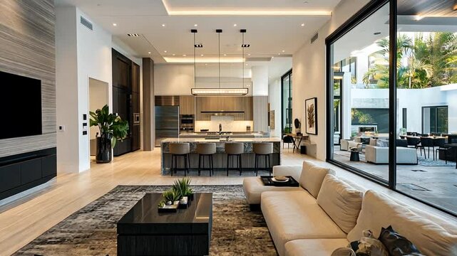 Modern open-concept living room and kitchen with elegant decor and outdoor view