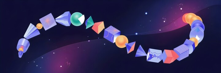 Geometric fragments forming glowing curved path in cosmic scene – Perfect for innovation visuals, digital transformation campaigns, or sci-fi themes.