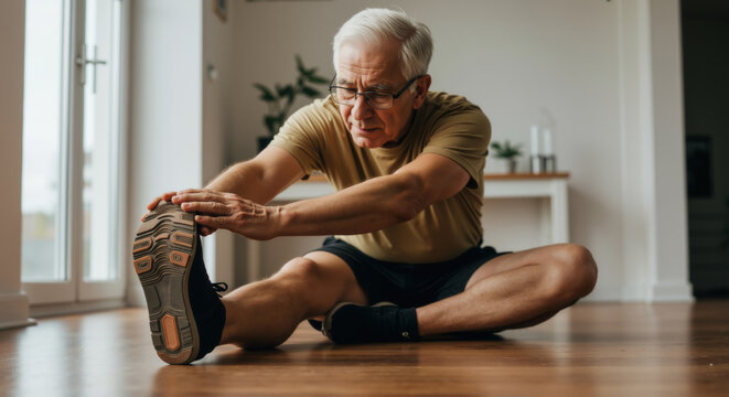 Senior man stretching foot while sitting on floor. Home exercise program for elderly flexibility and joint mobility improvement