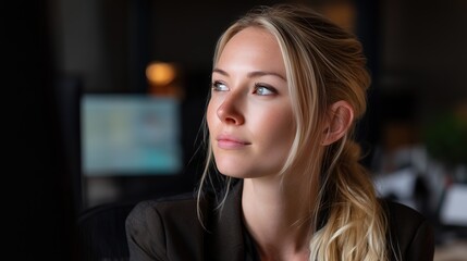 Female executive in stylish blazer, upper body shot at sleek workstation, focused expression enhanced by soft natural light and out-of-focus office setting.