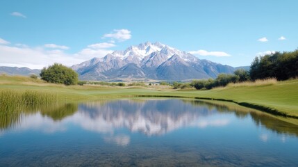 Obraz premium A serene mountain lake reflecting snow-capped peaks on a clear day, lush green landscape with trees, and tranquil nature scene with blue sky.