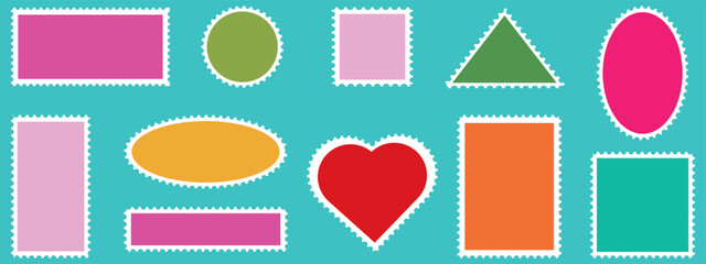 Set of coloring postage stamp . Ellipse, triangle ,love shape, rectangle template for mail, postcard, letter, note. Jagged wavy edge forms and Irregular postage zigzag shapes for social media shape. 