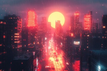 Obraz premium Cyberpunk city street at sunset, rain, neon lights. Possible use Digital art background