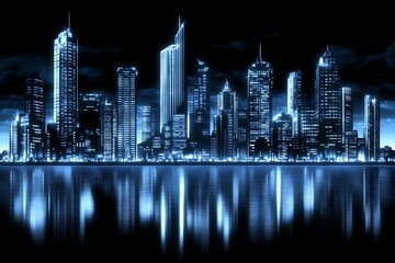 Naklejka premium A futuristic city skyline bathed in cool blue light at night.
