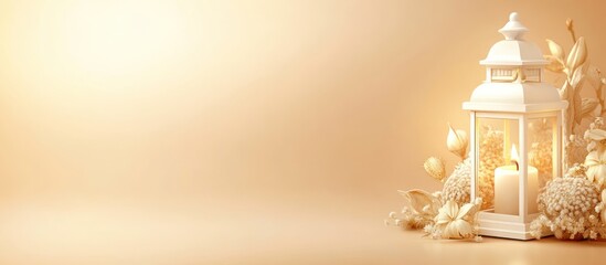 Lit lantern with flowers, beige background, website banner