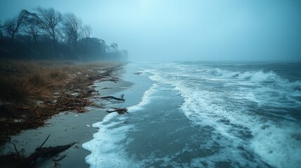 Fototapeta premium Misty coastal scene, waves washing ashore, grey sky, and barren beach
