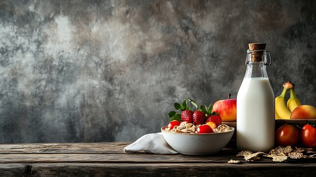 Rustic kitchen scene featuring a full glass bottle of milk next to a bowl of cereal and fresh fruits, set on a wooden surface. The left portion of the frame is kept open for text or branding.