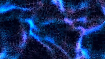 Dark cyberspace in digital background. Abstract technology wave with motion glowing dots and lines with top view. Connection big data. Futuristic wireframe texture. 3D rendering.