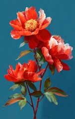Bright red peonies bloom gracefully against a vibrant blue background in a stunning floral arrangement