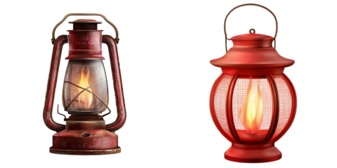 Set of a Red lantern with burning flame, isolated on transparent background.