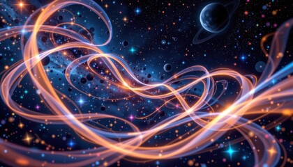 Fototapeta premium Galactic Ribbon Dance Ribbons of light swirling in the cosmos, intermingling with stars and distant galaxies in a cosmic ballet.