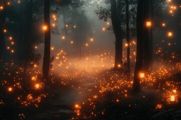 Fototapeta premium Enchanting foggy forest path with glowing lanterns