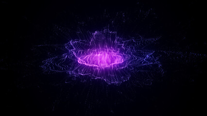 Abstract technology wave with motion glowing dots. AI in virtual reality on digital background. Particle explosion. Wireframe texture. Dynamic analysis a network connection data. 3D rendering.