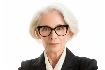 Fototapeta premium Confident older woman in professional attire with stylish glasses poses against plain background